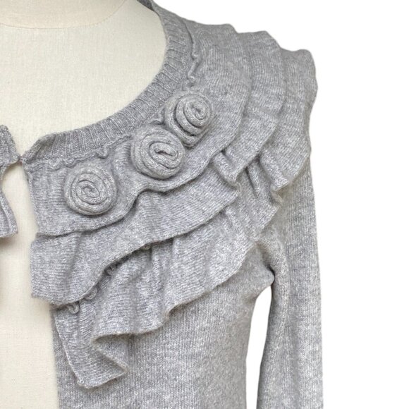 Banana Republic Wool Cashmere Cardigan Italian Ruffles Rosettes Fairy Feminine-S - Picture 3 of 12